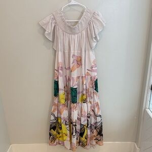 Maeve Pink Floral Tiered Maxi Dress with Green and Yellow fish Accents